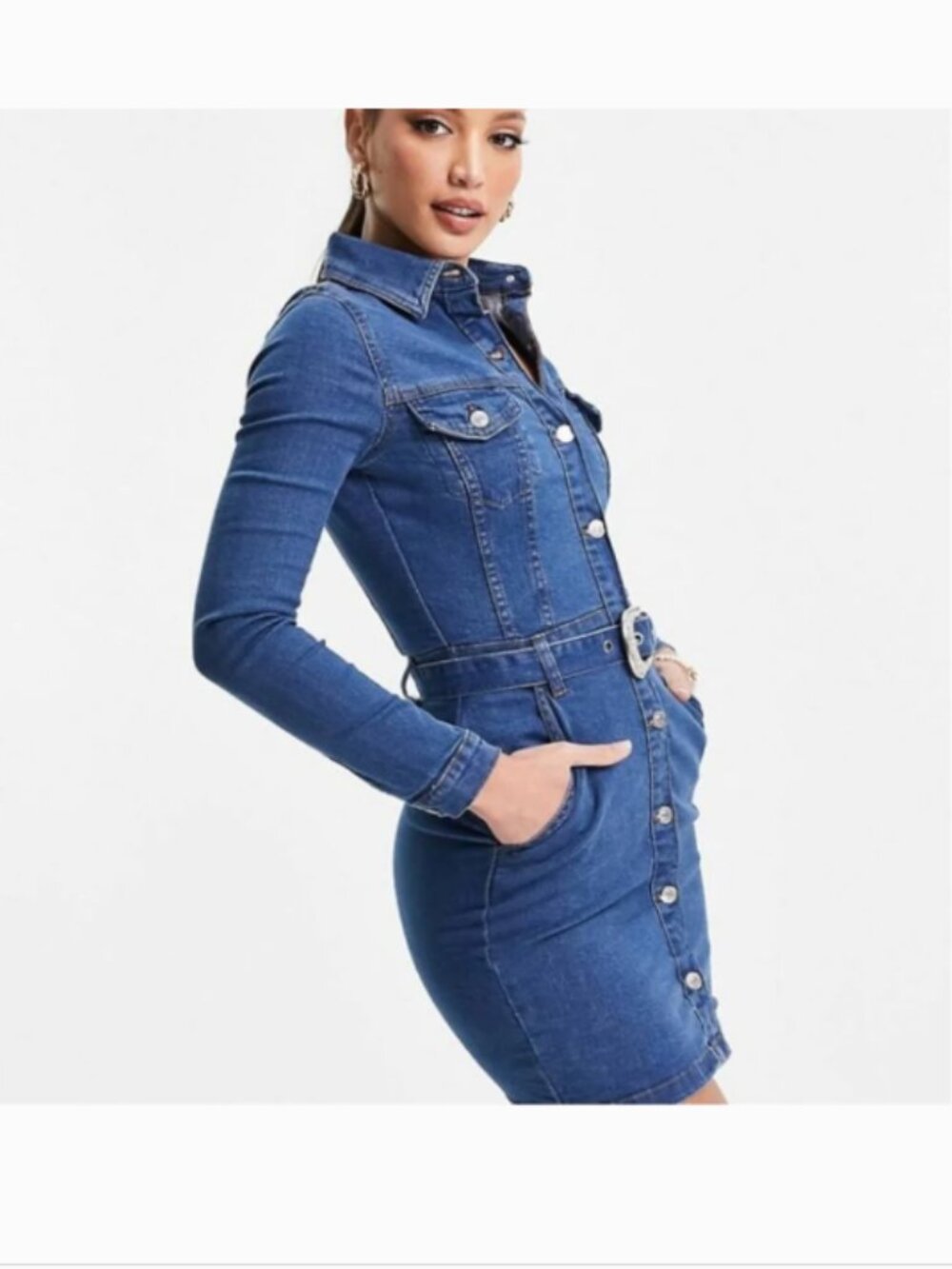 New💥Parisian stretchy COTTON denim button up belted dress pockets 284 05267 - Picture 2 of 5
